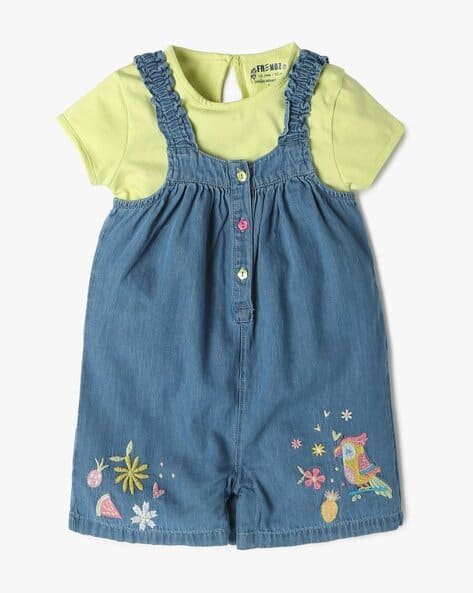 INF FRENDZ Girls Embroidered Regular Fit Dungaree & T-Shirt
