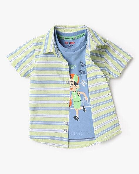 INF FRENDZ Boys Striped Shirt with Graphic Print T-Shirt
