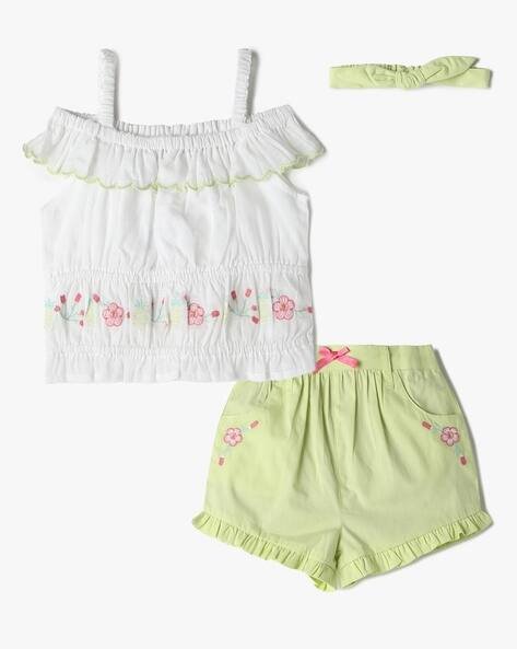 INF FRENDZ Girls Embroidered Top & Shorts Set with Hairband
