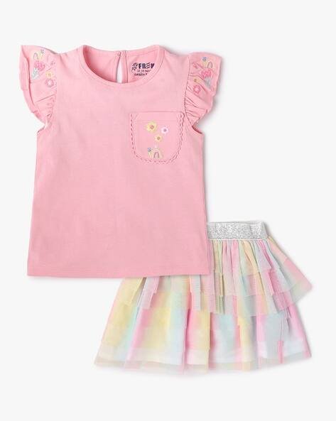 INF FRENDZ Girls Embroidered T-Shirt with Skirt