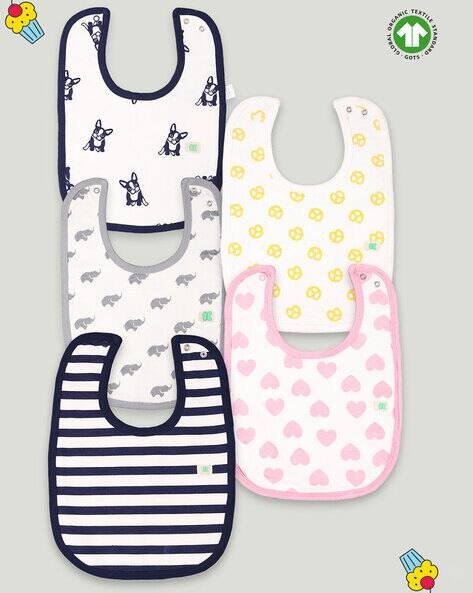 KIDBEA Pack of 5 Printed Bibs with Snap-Buttonn Closure