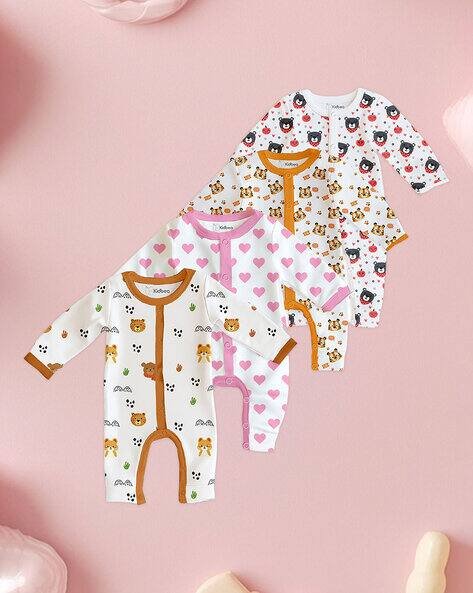 KIDBEA Pack of 4 Printed Rompers with Snap Button Closure