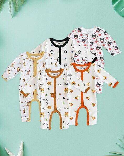 KIDBEA Pack of 5 Printed Rompers with Snap Button Closure