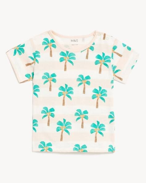 Marks & Spencer Boys Palm Tree Print Pure Cotton Crew-Neck T-Shirt