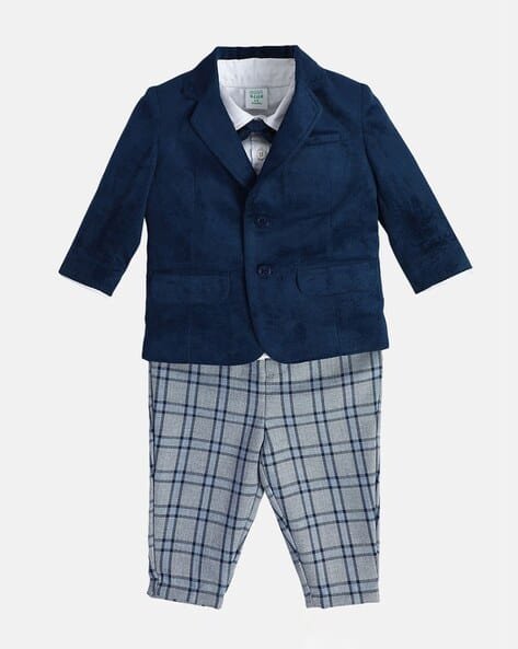 Miniklub Boys Cotton Blazer with Checked Trousers & Shirt Bow