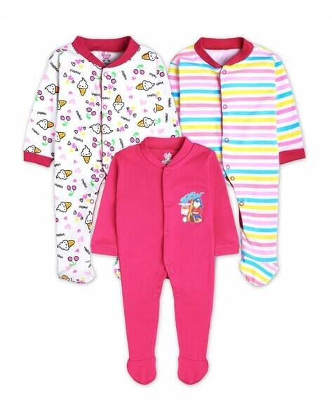 MM Impex Pack of 3 Striped Rompers with Button Closure