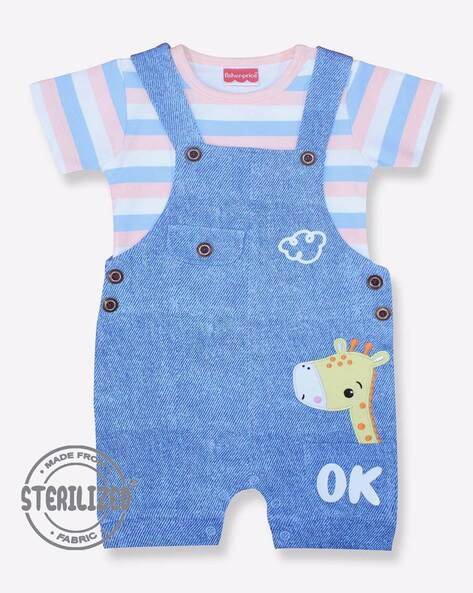 MOM'S LOVE Giraffe Embroidered Dungaree with T-Shirt