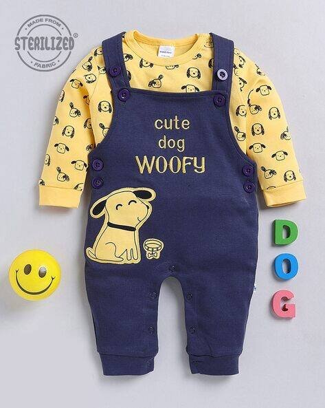 MOM'S LOVE Animal Applique Dungaree & T-Shirt Set