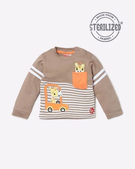MOM'S LOVE Striped Round-Neck T-shirt with Patch Pocket