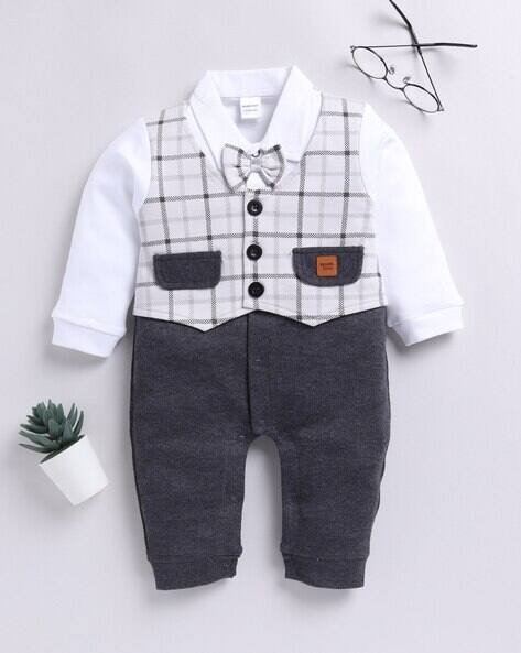 MOM'S LOVE Checked Rompers with Bow Applique