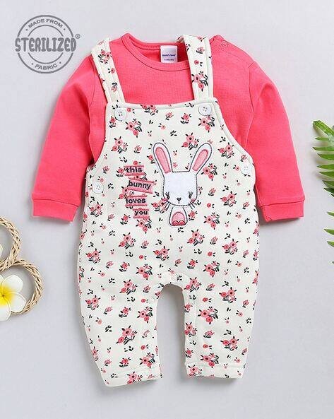 MOM'S LOVE Floral Print Dungaree with T-Shirt