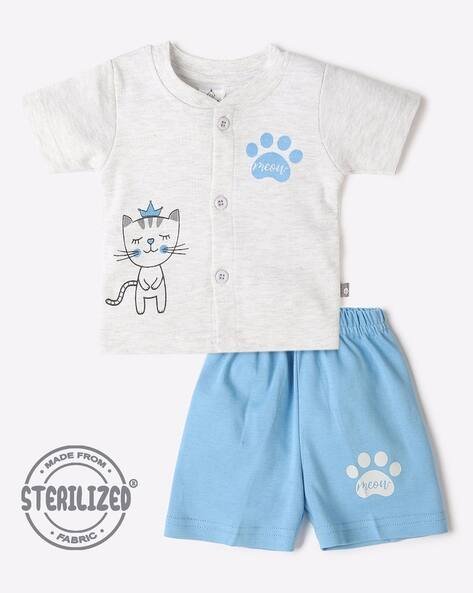 MOM'S LOVE Smiling Cat Print Jhabla & Shorts Set