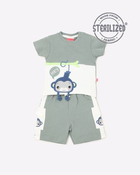 MOM'S LOVE Monkey Applique Colourblock T-shirt & Shorts Set