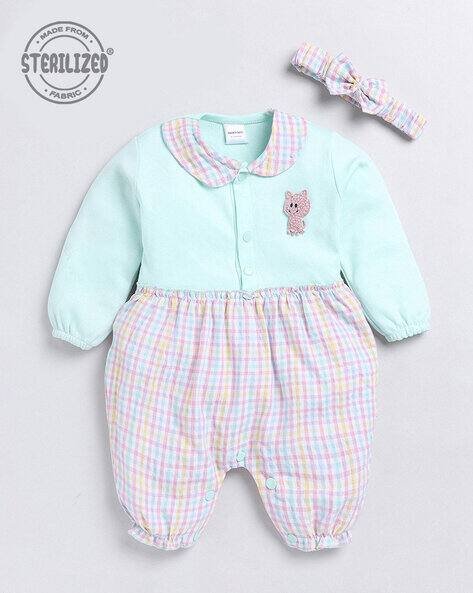 MOM'S LOVE Checked Cotton Romper with Headband