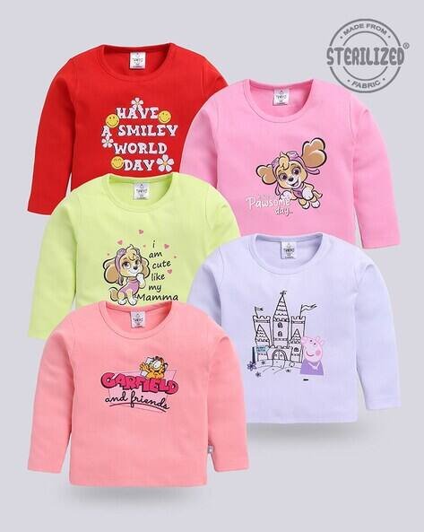 MOM'S LOVE Girls Pack of 5 Graphic Print Round-Neck T-Shirts