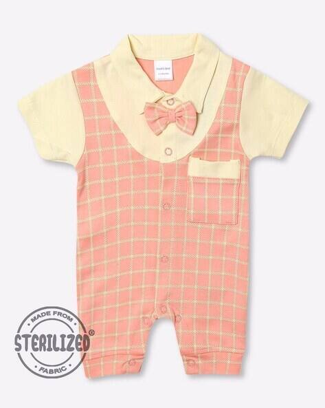 MOM'S LOVE Checked Romper with Bow Accent