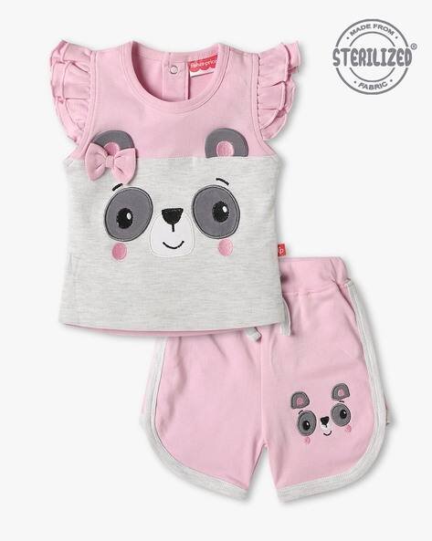 MOM'S LOVE Girls FP Panda Face Top & Shorts Co-Ords Set