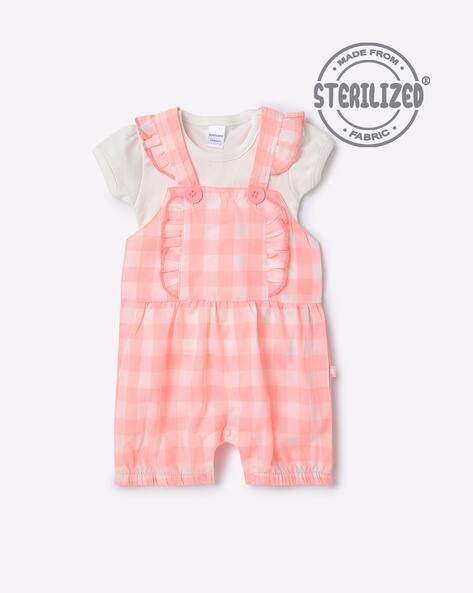 MOM'S LOVE Square Checked Front Frill Dungaree with T-shirt