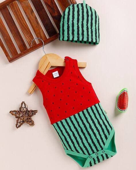 MOM'S LOVE Watermelon Print Bodysuit with Beanie