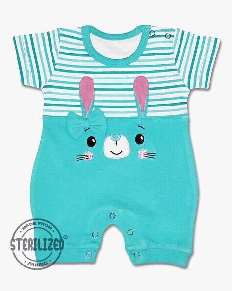 MOM'S LOVE Girls Striped Rompers with Embroidered Accent