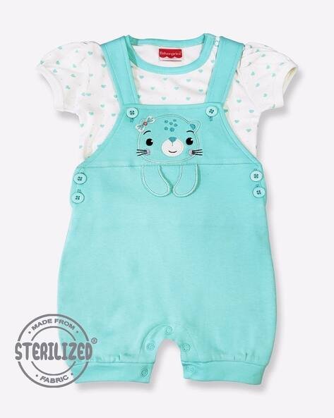 MOM'S LOVE Cat Face Embroidered Dungaree with T-Shirt
