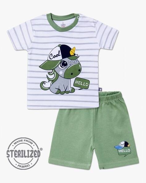 MOM'S LOVE Striped Print Cotton T-Shirt & Shorts