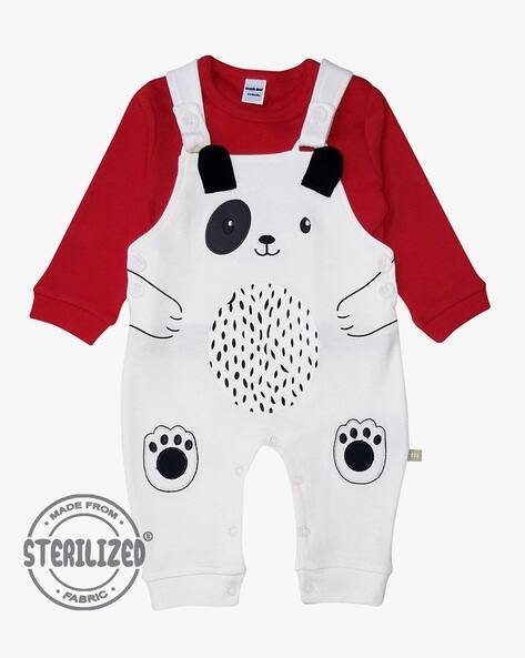 MOM'S LOVE Bear Embroidered Cotton Dungaree & T-Shirt Set