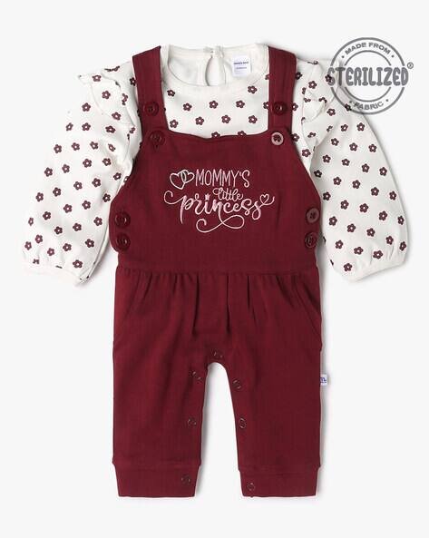 MOM'S LOVE Girls Brand Embroidered Dungaree & T-Shirt Set