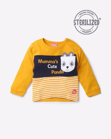 MOM'S LOVE Striped Crew-Neck T-shirt with Panda Patch Pocket