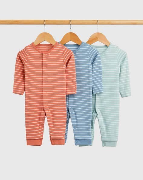 Mothercare Boys Pack of 3 Striped Cotton Footless Sleepsuits