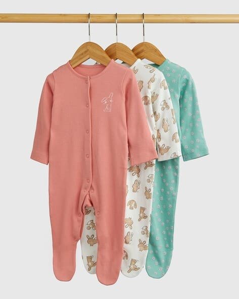 Mothercare Girls Pack of 3 Printed Bunny Cotton Sleepsuits