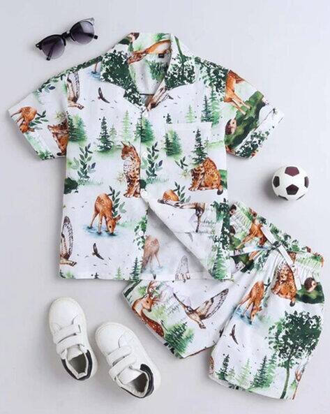 OCVITO Boys Printed Shirt & Shorts Set with Short Sleeves