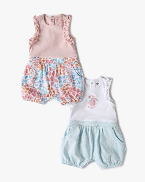 PLAYDAY Girls Pack of 2 Printed Round-Neck Rompers