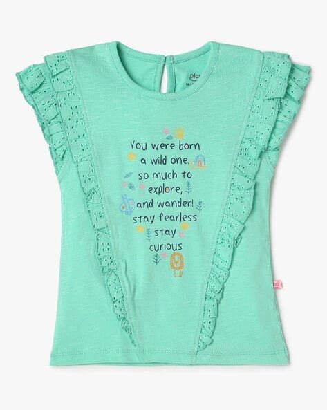 PLAYDAY Girls Typographic Print T-Shirt with Ruffles