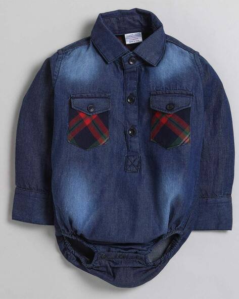 POLKA TOTS Unisex Washed Denim Onesie with Flap Pockets