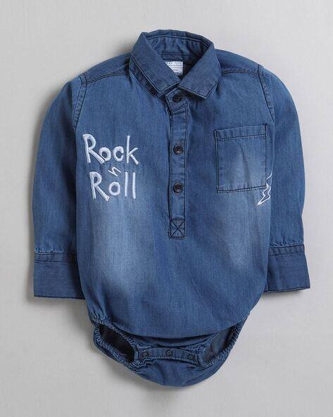 POLKA TOTS Unisex Washed Denim Onesie with Patch Pocket