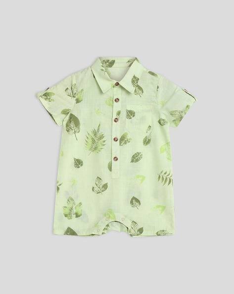 Somersault Leaf Print Rompers with Spread Collar