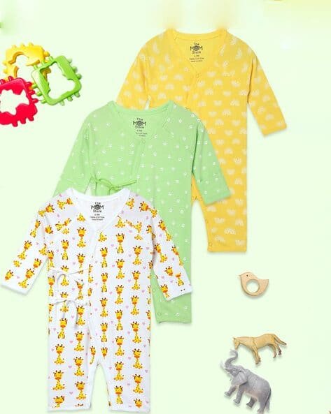 THE MOM STORE Pack of 3 Graphic Print Rompers with Tie-Up