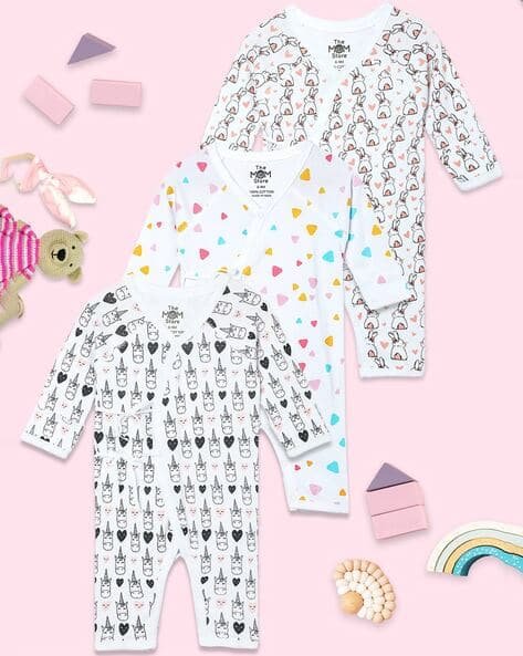 THE MOM STORE Pack of 3 Printed Rompers with Full Sleeves