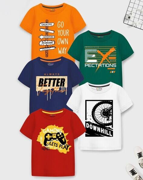 Trampoline Pack of 5 Boys Typographic Print Regular Fit Round-Neck T-Shirt