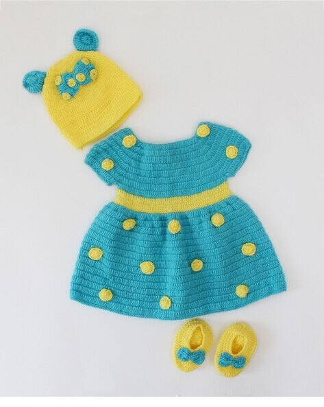 Woonie Infants Crochet A-Line Dress with Cap & Booties