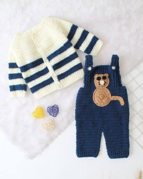 Woonie Striped Rompers with Full Sleeves & Sweater