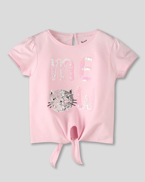 Wotnot by AZORTE Girls Embellished Round-Neck T-Shirt with Tie-Up