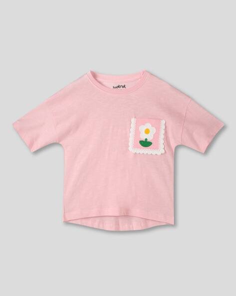 Wotnot by AZORTE Girls Relaxed Fit Round-Neck T-Shirt with Patch Pocket