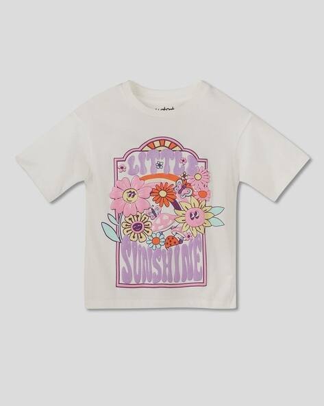 Wotnot by AZORTE Girls Floral Print Regular Fit Crew-Neck T-Shirt