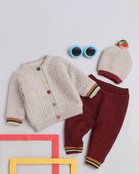 Yellow Apple Woolen Regular Fit Sweatshirt & Pants with Cap Set