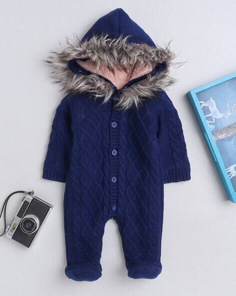Yellow Apple Furry Hooded Rompers with Button Front