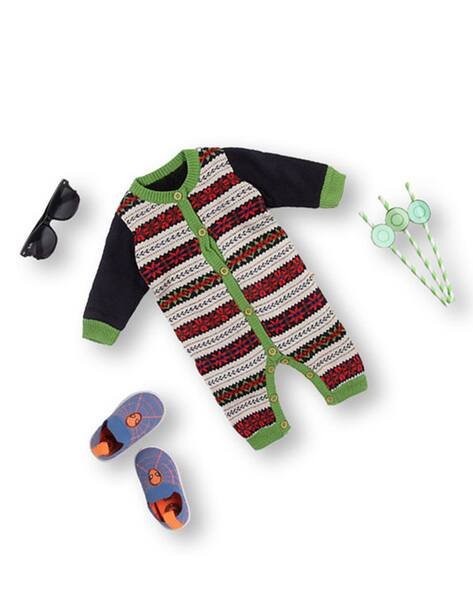Yellow Apple Patterned Round-Neck Wool Rompers