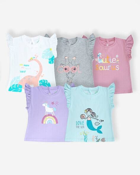 YUV Pack of 5 Printed T-Shirts with Ruffled Details