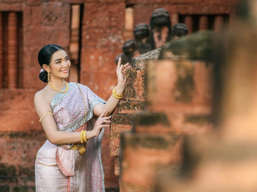 Asian charming woman wearing typical Thai dress identity culture